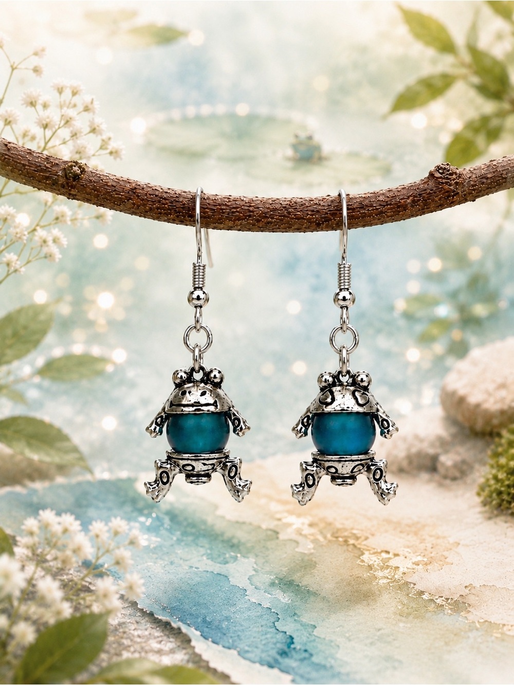 Frog Dangle Earrings, Teal Blue Glass Beads, Whimsical Nature Jewelry